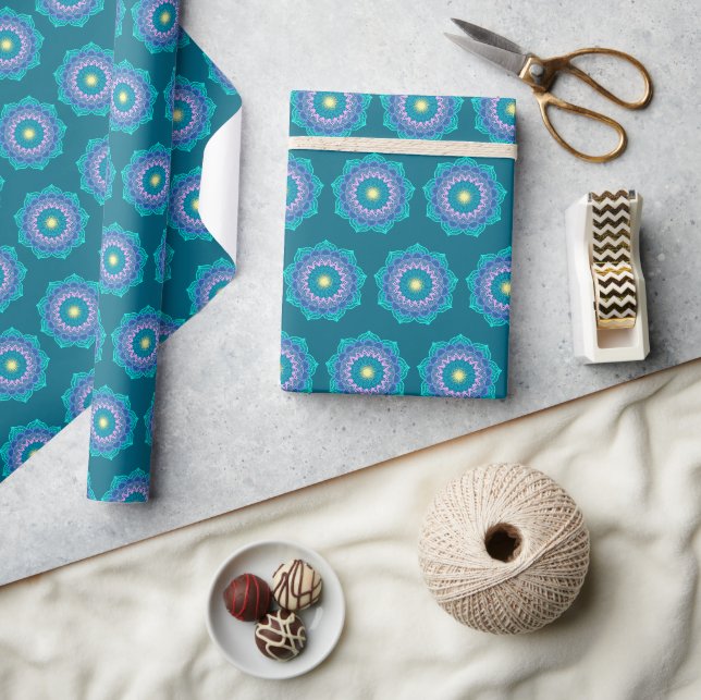 Colourful Mandala on Blue Background Wrapping Paper (Crafts)