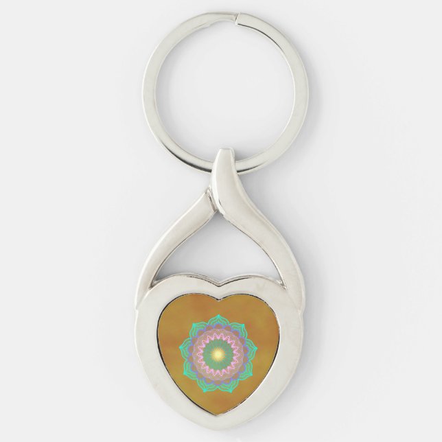 Colourful Mandala on Gold Background Key Ring (Front)