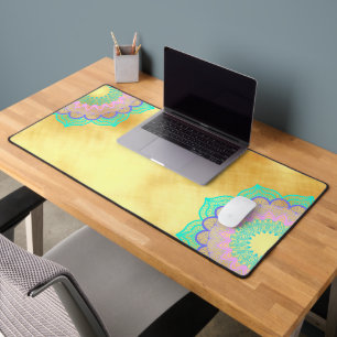 Colourful Mandala on Soft Gold Background Desk Mat