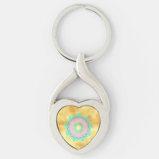 Colourful Mandala on Soft Gold Background Key Ring (Front)