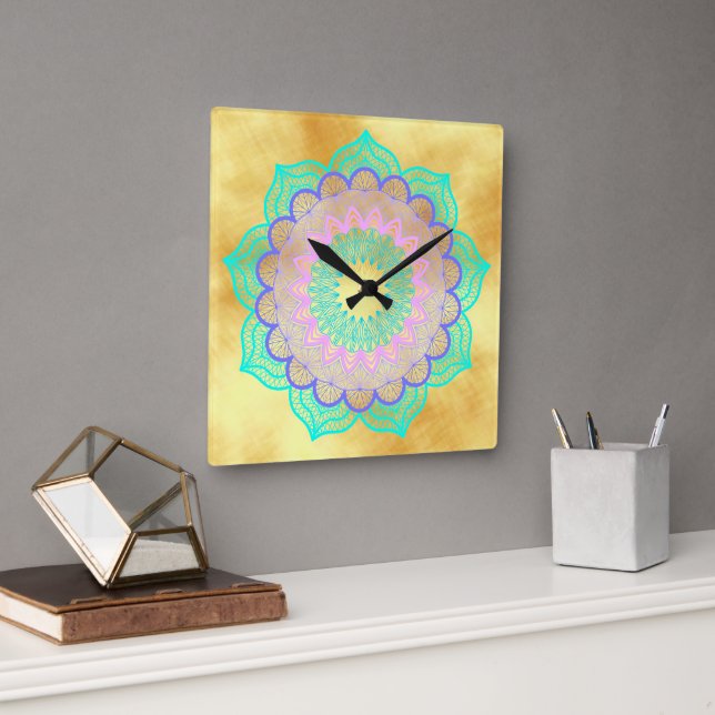 Colourful Mandala on Soft Gold Background Square Wall Clock (Office)
