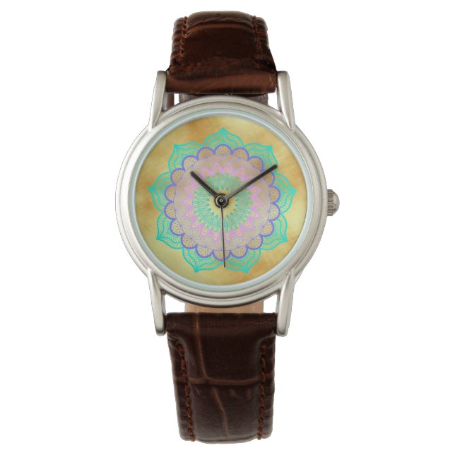 Colourful Mandala on Soft Gold Background Watch (Front)