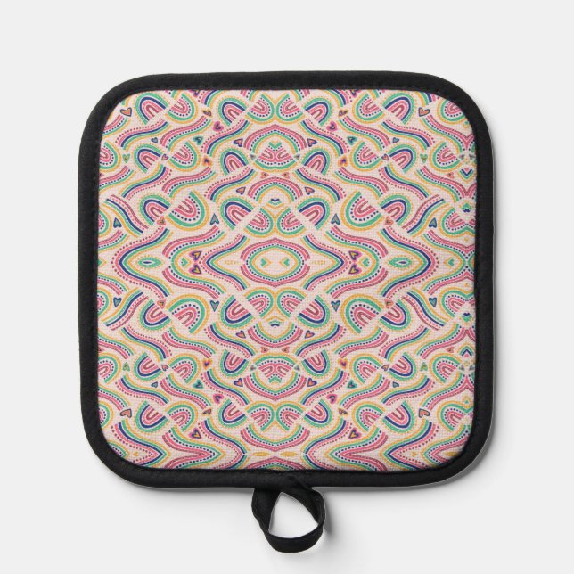 Colourful mandala-patterned pot holder with black  (Front)