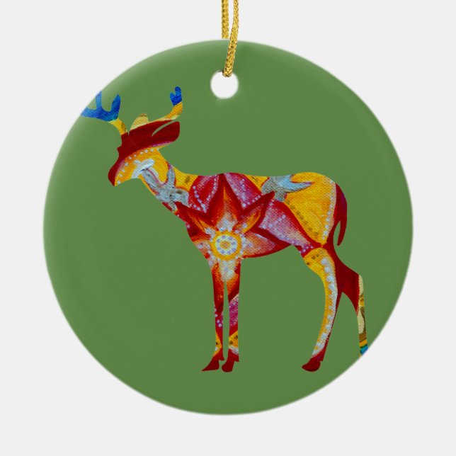 Colourful mandala reindeer  ceramic tree decoration (Front)