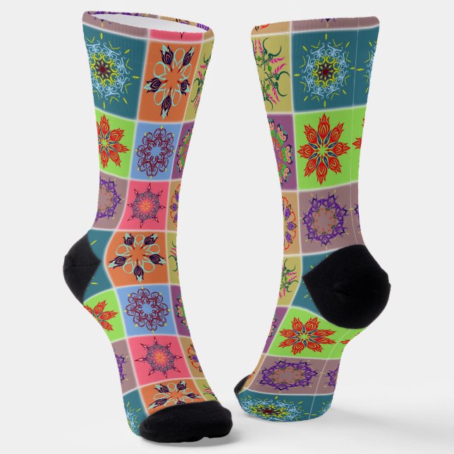 Colourful Mandala Tile Pattern – Boho Geometric Socks (Angled)