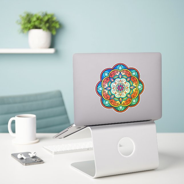 Colourful mandala vinyl sticker (Laptop On Desk)
