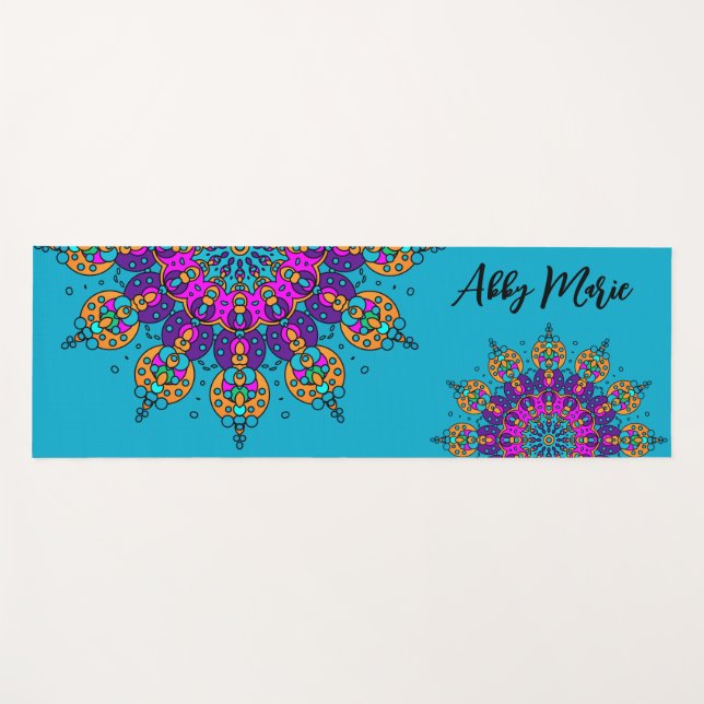 Colourful Mandalas Personalised Name Teal Prayer O Yoga Mat (Front (Horizontal))