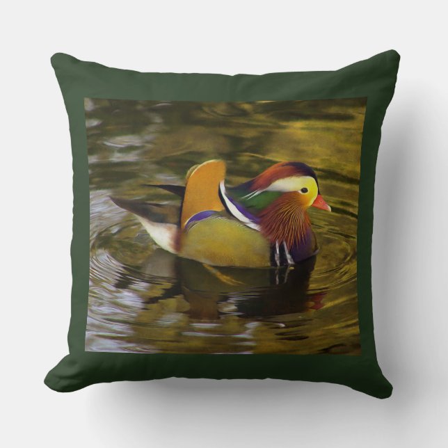 Colourful Mandarin Duck Green Square Cushion (Front)
