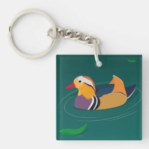 Colourful Mandarin Duck Modern Art on Green Key Ring