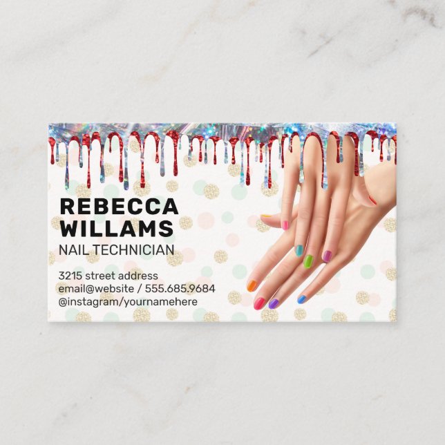 Colourful Manicured Hands | Nail Polish Drip Business Card (Front)