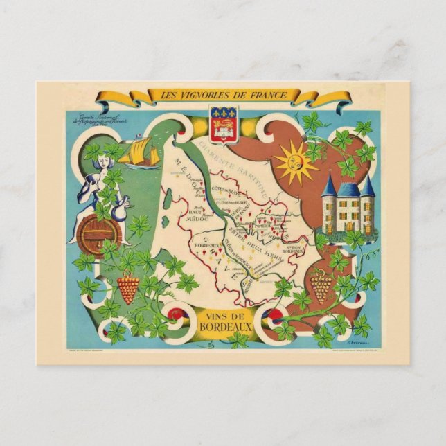 Colourful Map of Bordeaux France Postcard (Front)