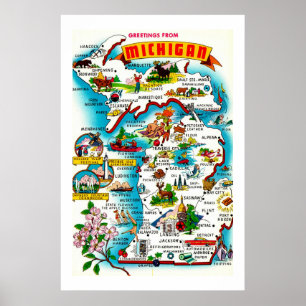 Colourful Map of Michigan Print
