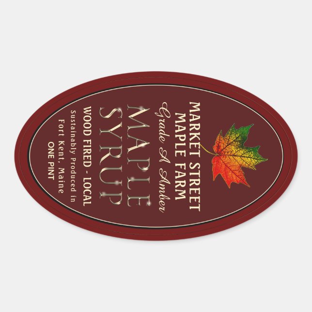Colourful Maple Leaf Gold Metallic Maple Syrup Ova Oval Sticker (Front)