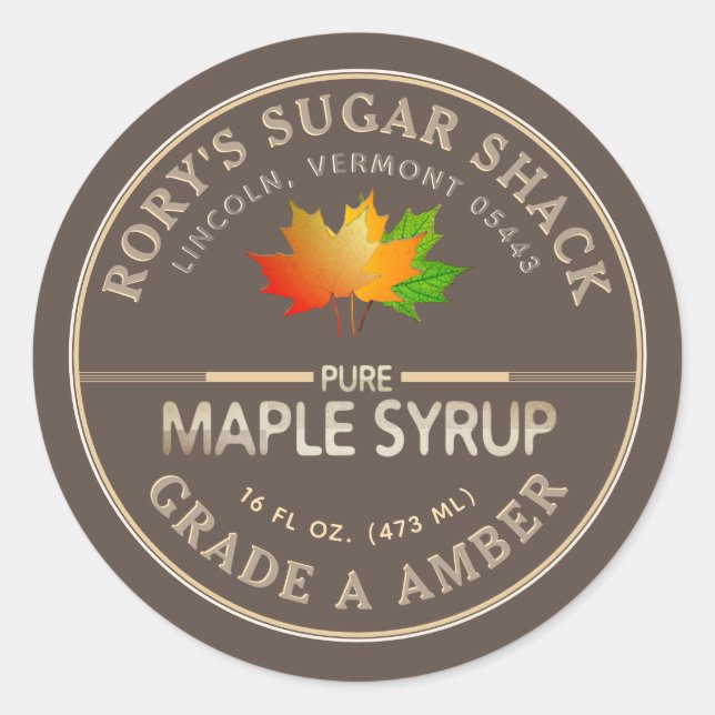 Colourful Maple Leaves Maple Syrup Kraft and Brown Classic Round Sticker (Front)