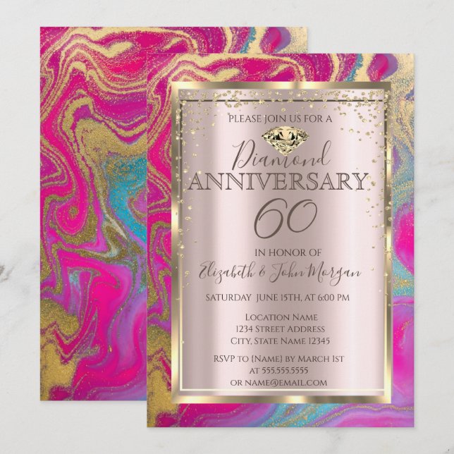 Colourful Marble Glitter Wedding Anniversary Invitation (Front/Back)