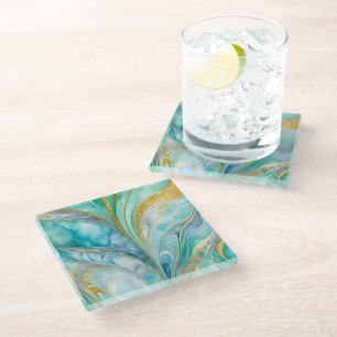 Colourful Marble Ink Art Glass Coaster