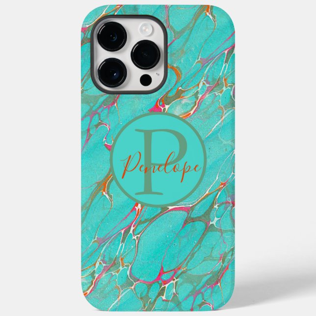 Colourful Marbled Faux Turquoise with Monogram  Case-Mate iPhone Case (Back)