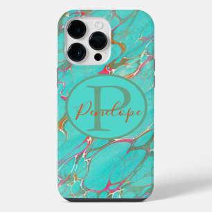 Colourful Marbled Faux Turquoise with Monogram iPhone 14 Pro Max Case