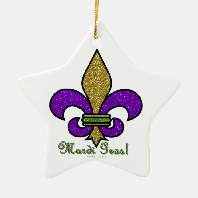 Colourful Mardi Gras Fleur De Lis Ceramic Tree Decoration (Front)
