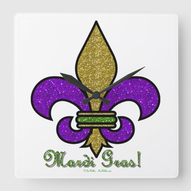 Colourful Mardi Gras Fleur De Lis Square Wall Clock (Front)