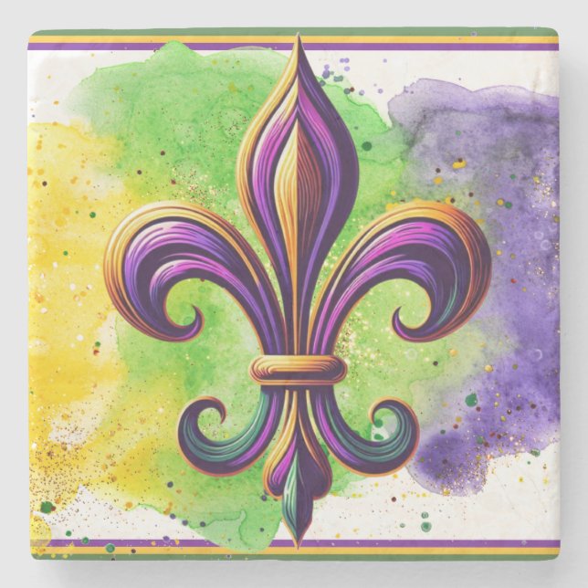 Colourful Mardi Gras Fleur de lis  Stone Coaster (Front)