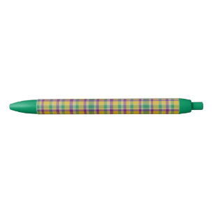 Colourful Mardi Gras gingham patterned Black Ink Pen