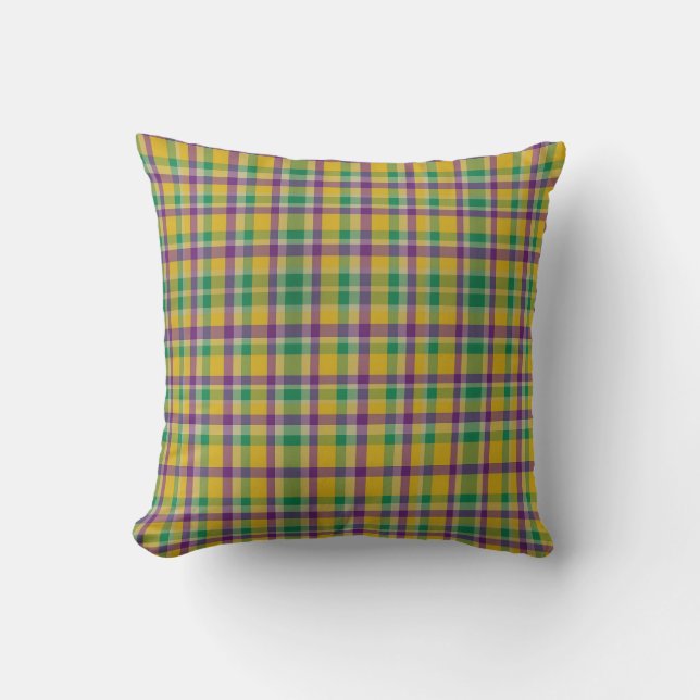 Colourful Mardi Gras gingham patterned Cushion (Front)
