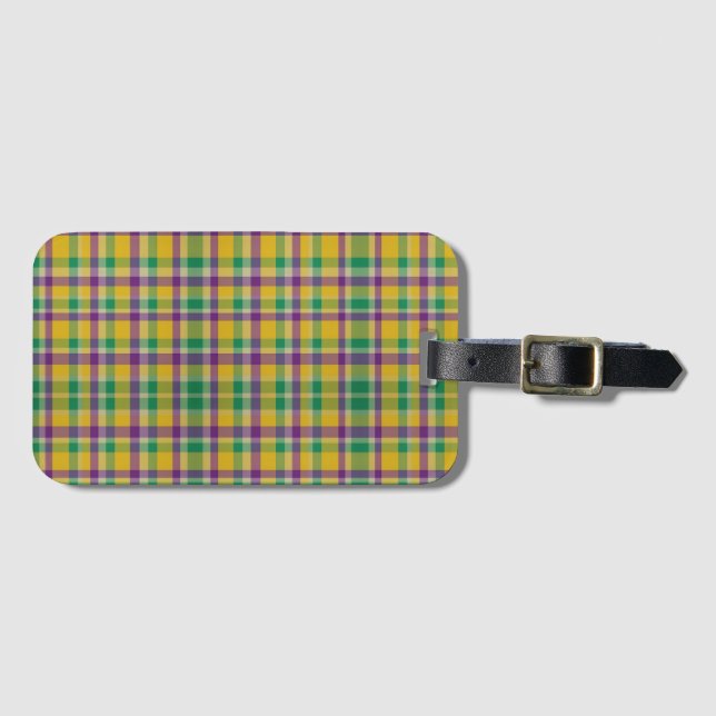 Colourful Mardi Gras gingham patterned Luggage Tag (Front Horizontal)