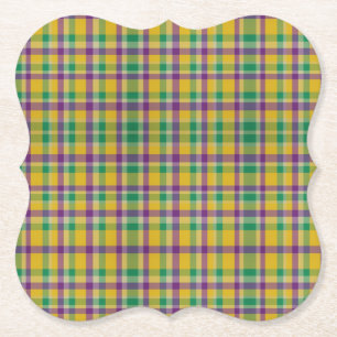 Colourful Mardi Gras gingham patterned Paper Coaster