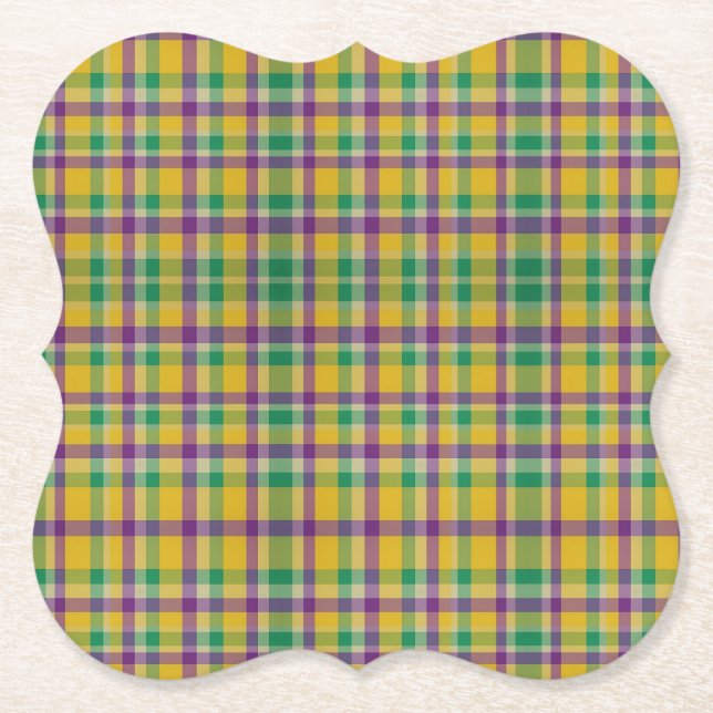 Colourful Mardi Gras gingham patterned Paper Coaster (Front)