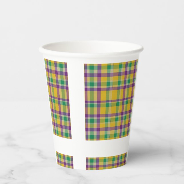 Colourful Mardi Gras gingham patterned Paper Cups (Front)