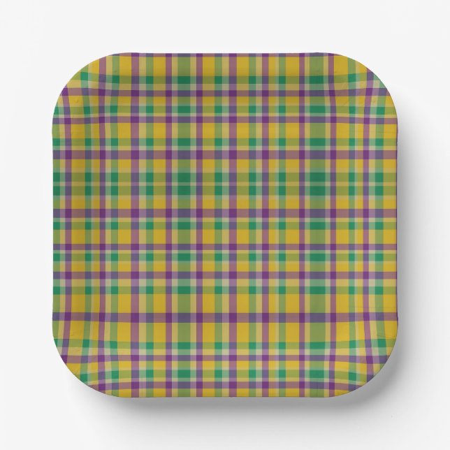 Colourful Mardi Gras gingham patterned Paper Plate (Front)