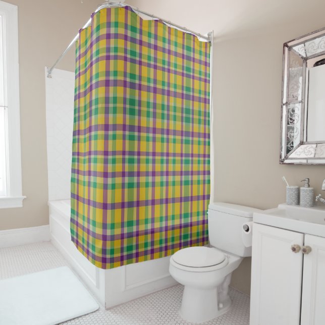 Colourful Mardi Gras gingham patterned Shower Curtain (In Situ)