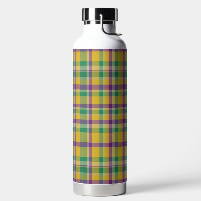 Colourful Mardi Gras gingham patterned Water Bottle (Left)