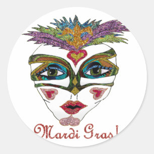Colourful Mardi Gras Glitter Feather Mask Classic Round Sticker