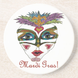 Colourful Mardi Gras Glitter Feather Mask Coaster