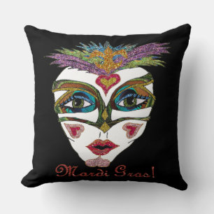 Colourful Mardi Gras Glitter Feather Mask Cushion