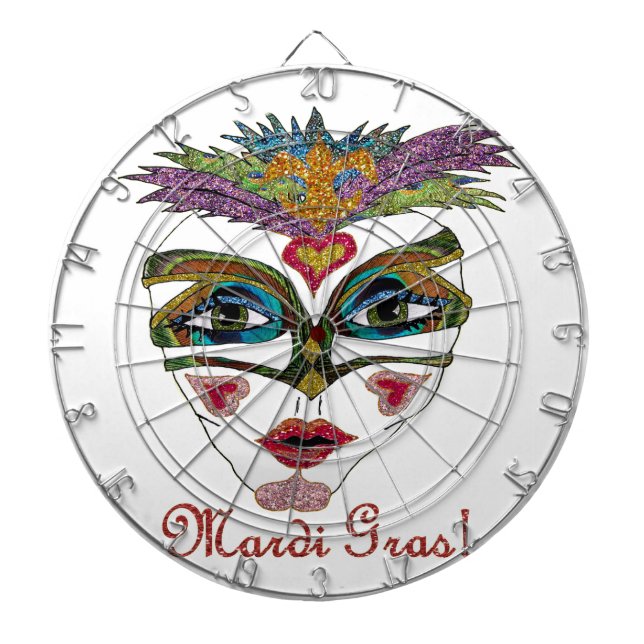 Colourful Mardi Gras Glitter Feather Mask Dartboard (Front)