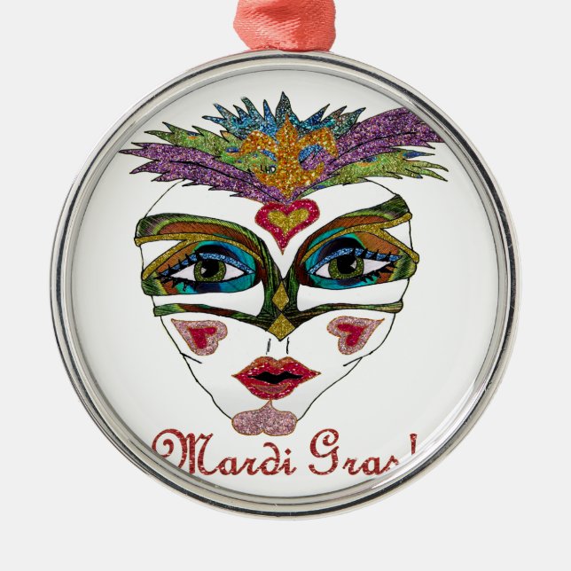 Colourful Mardi Gras Glitter Feather Mask Metal Tree Decoration (Front)