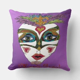 Colourful Mardi Gras Glitter Feather Mask Purple Cushion