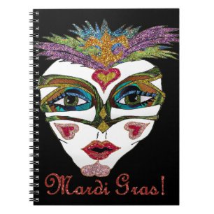 Colourful Mardi Gras Glitter Feather Mask Spiral Notebook