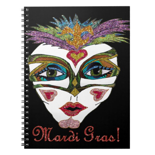 Colourful Mardi Gras Glitter Feather Mask Spiral Notebook (Front)