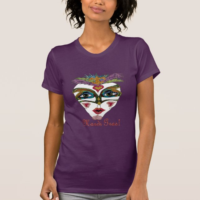 Colourful Mardi Gras Glitter Feather Mask T-Shirt (Front)