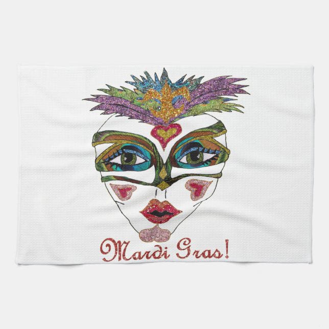Colourful Mardi Gras Glitter Feather Mask Tea Towel (Horizontal)
