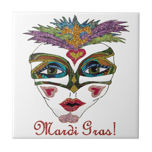 Colourful Mardi Gras Glitter Feather Mask Tile (Front)