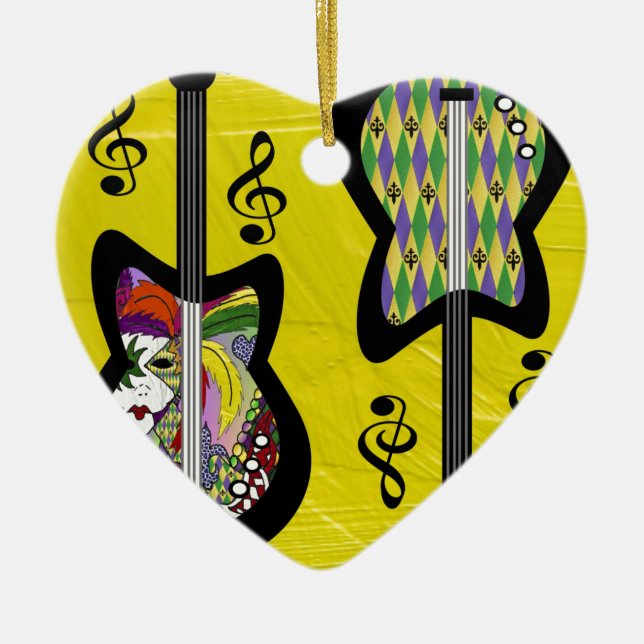 Colourful Mardi Gras Guitars Ceramic Tree Decoration (Front)