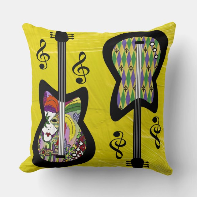Colourful Mardi Gras Guitars Cushion (Front)