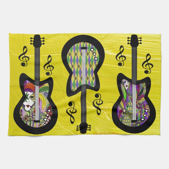 Colourful Mardi Gras Guitars Tea Towel (Horizontal)