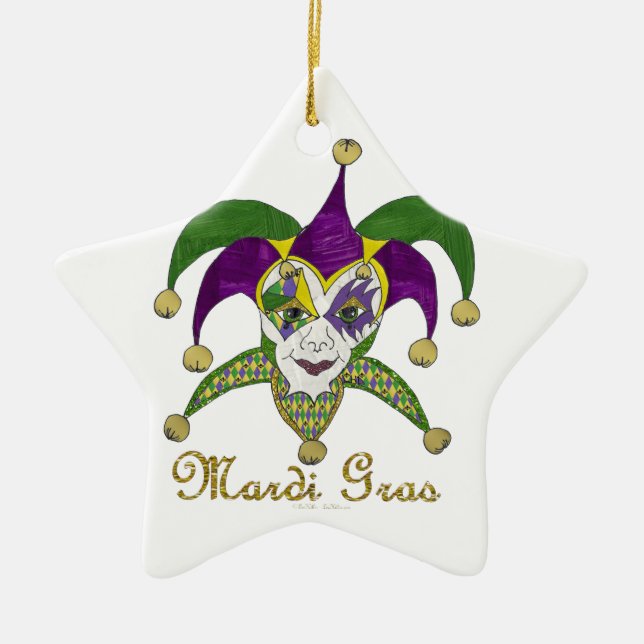 Colourful Mardi Gras Jesters Mask Ceramic Tree Decoration (Front)