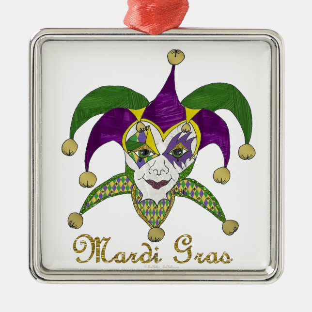 Colourful Mardi Gras Jesters Mask Metal Tree Decoration (Front)